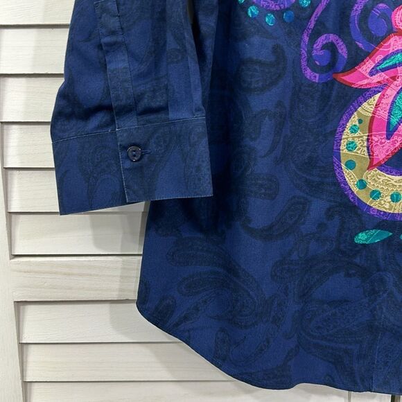 Chico's No Iron Shirt Size 1 Size 8 Blue With Vibrant Paisley Print - Picture 7 of 16